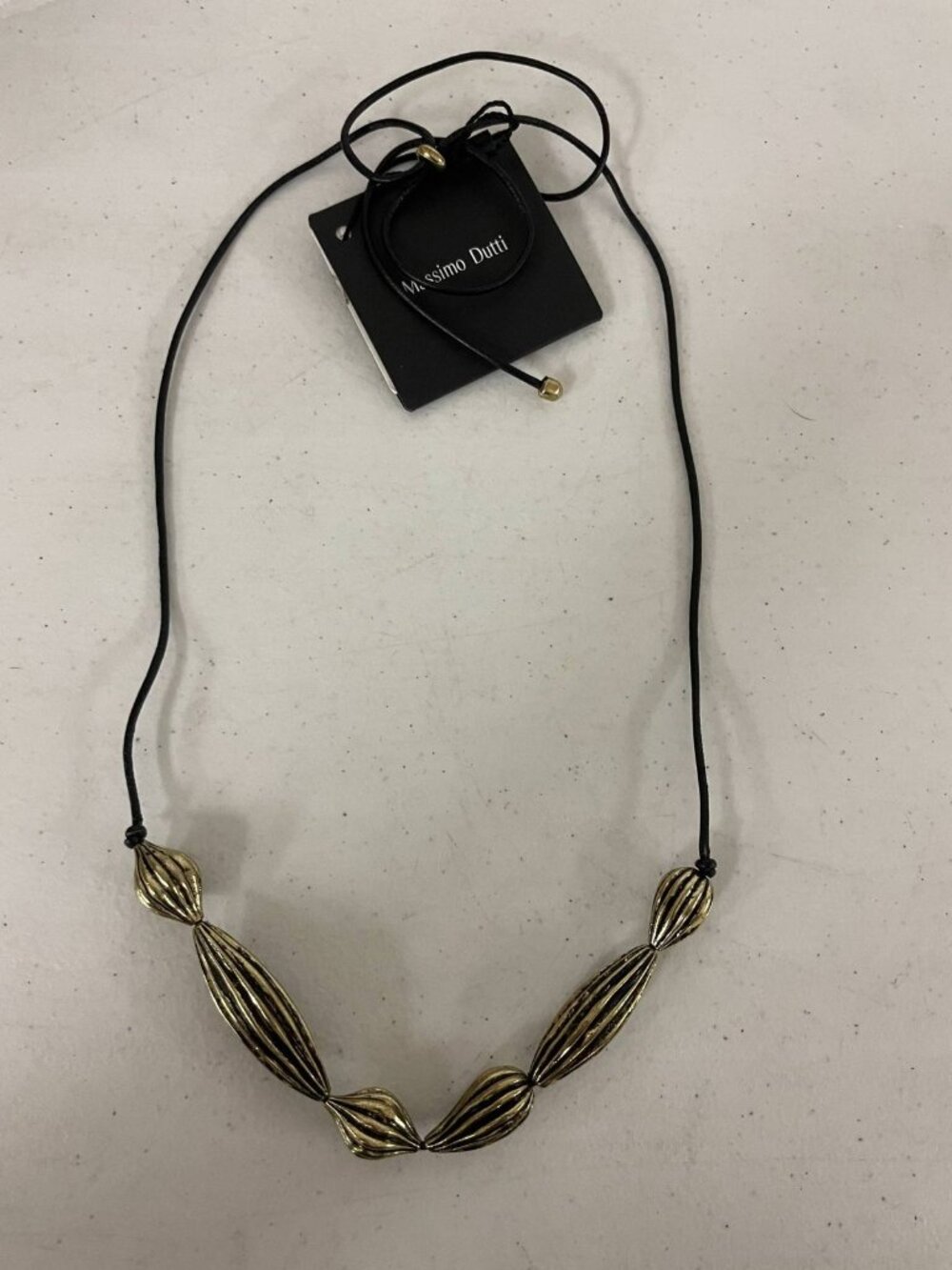 Massimo Dutti Gold Plated Necklace Black Leather Cord Boho Statement NWT